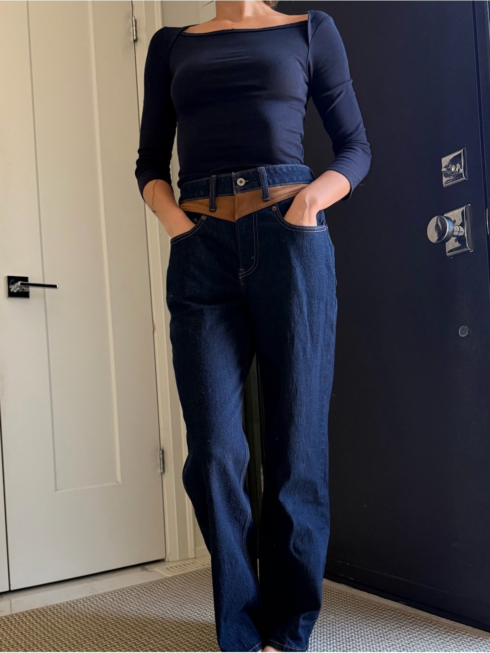 Abercrombie & Fitch Dark Indigo Jeans with Brown Waist Panel